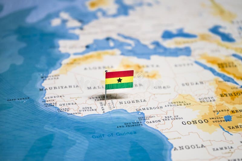 The Flag of Ghana in the World Map stock photos