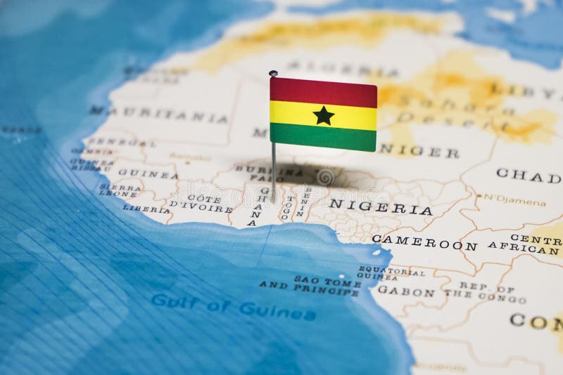 The Flag of Ghana in the World Map royalty free stock photos