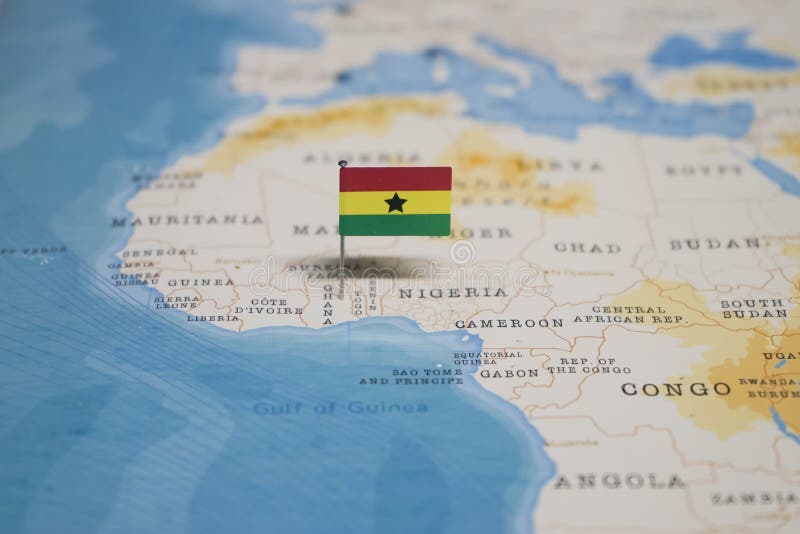 The Flag of ghana in the world map stock images