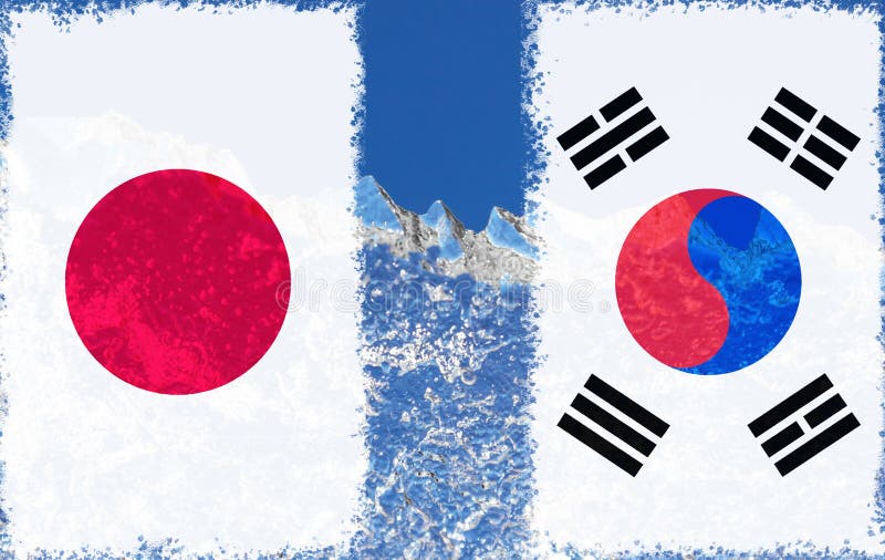 The flag of Japan and South Korea are painted at opposite end of piece of ice in the form of an arctic iceberg against blue sky.