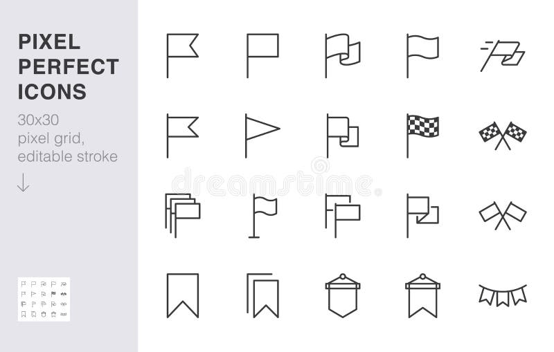 Flag line icon set. Checkered flags, location marker, waving pennant, bookmark, pin minimal vector illustrations. Simple royalty free illustration Flag line icon set. Checkered flags, location marker, waving pennant, bookmark, pin minimal vector illustrations. Simple royalty free illustration