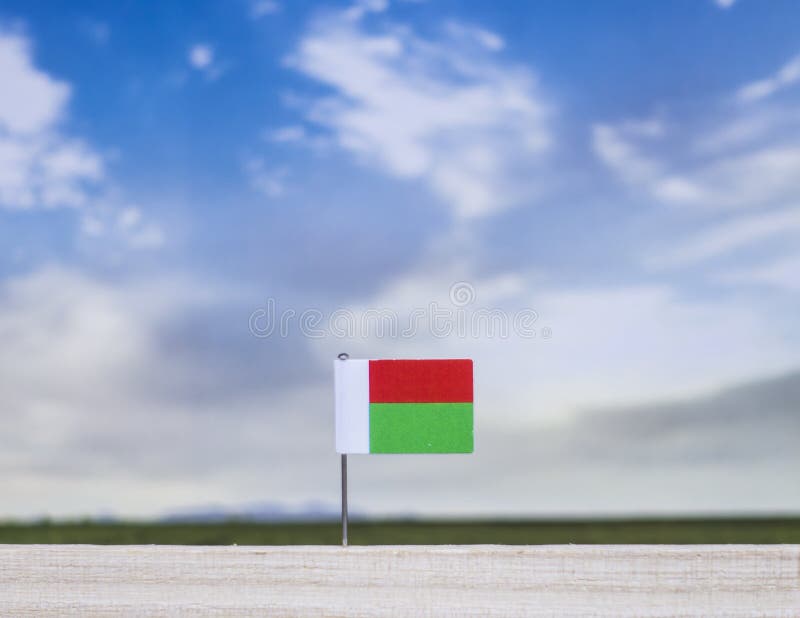 Flag of Madagascar with vast meadow and blue sky behind it. stock image