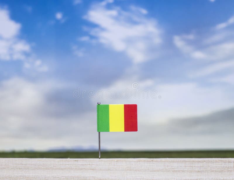 Flag of Mali with vast meadow and blue sky behind it. royalty free stock photography