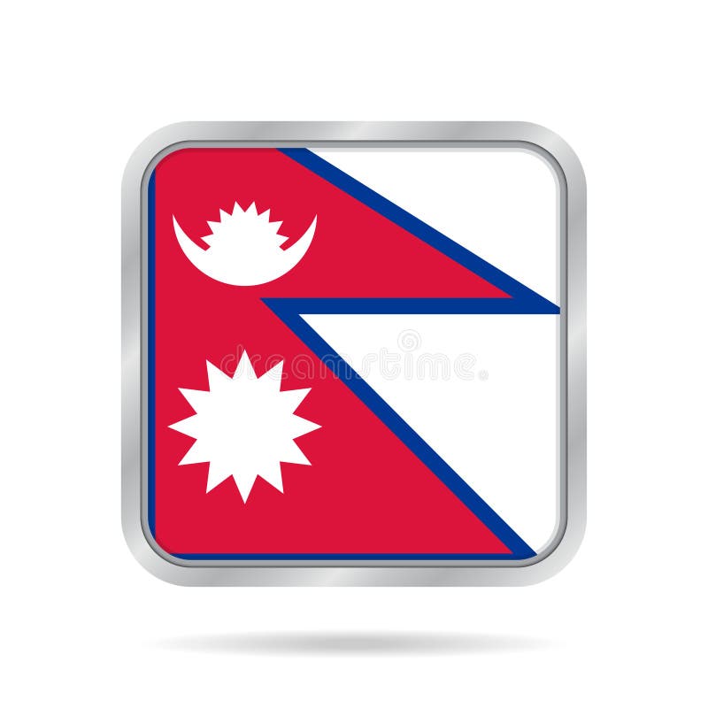 Flag of Nepal. Shiny metallic gray square button.