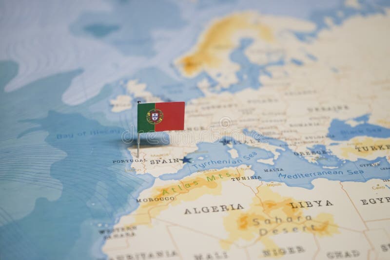 The Flag Of Portugal In The World Map Stock Image - Image ...