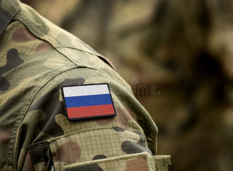 Flag of Russia on military uniform. Army, troops, soldiers. Collage