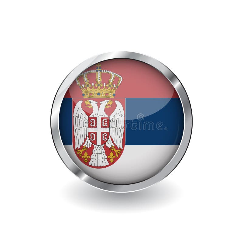 Flag of serbia, button with metal frame and shadow. serbia flag vector icon, badge with glossy effect and metallic border. Realist