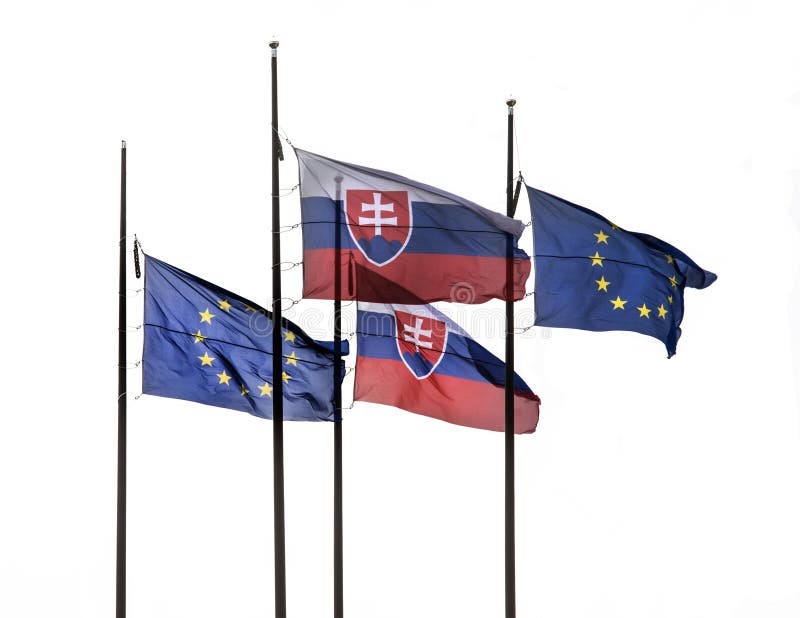 The flag of Slovakia and European Union flying on the flagpole