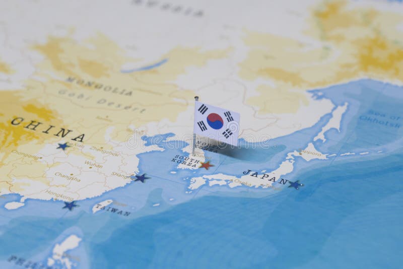 The flag of South Korea in the world map royalty free stock photography The flag of South Korea in the world map royalty free stock photography