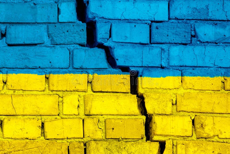 Flag of Ukraine on the brick wall with big crack in the middle. Destruction and separatism concept vector illustration Flag of Ukraine on the brick wall with big crack in the middle. Destruction and separatism concept vector illustration