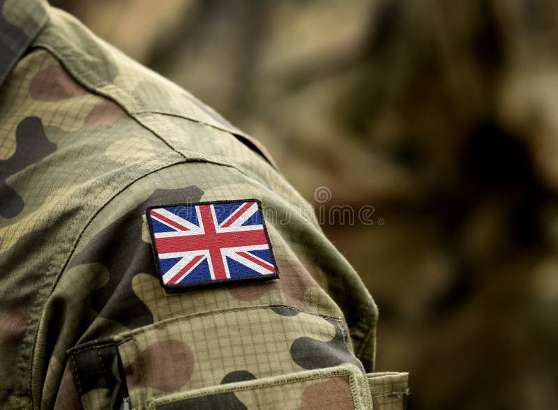 Flag of United Kingdom on military uniform. UK Army. British Armed Forces, soldiers. Collage