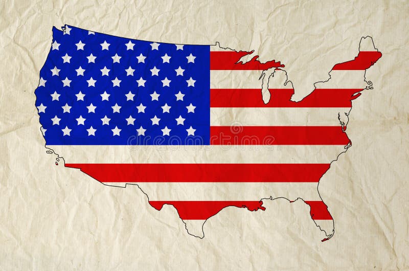 Flag of United States of America in USA map with old paper texture - Independence Day