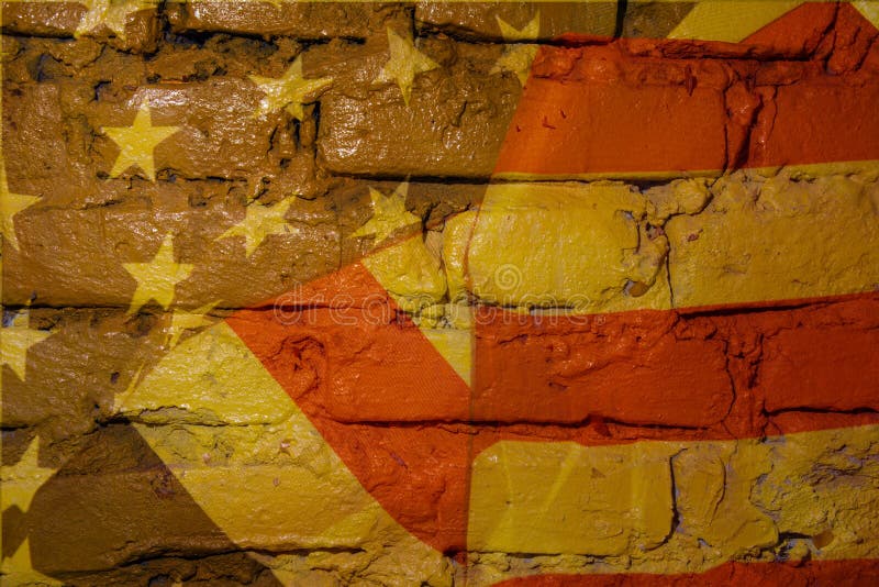 Flag Of The United States On The Old Grunge Concrete Wall Brown Brick