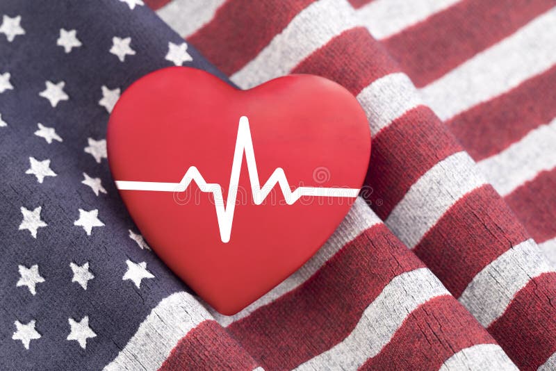 Flag of the United States and red heart with pulse. Flag of the United States and red heart with pulse