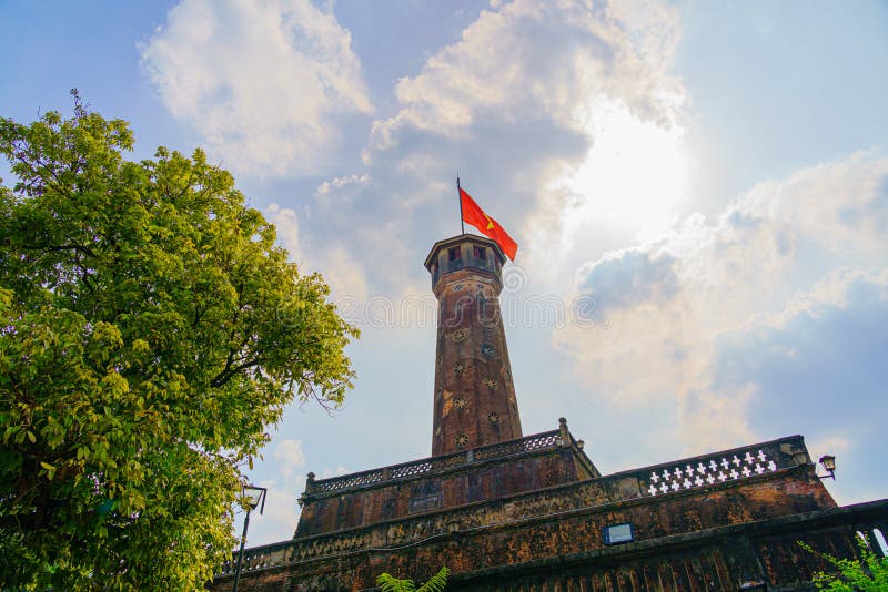 Flag of Vietnam on old tower in Vietnam Military History Museum and OLD QUARTER CITY in HANOI