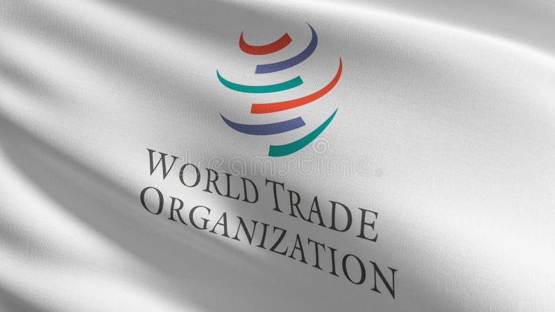 Flag of The World Trade Organization or WTO. Intergovernmental organization that is concerned with the regulation of international