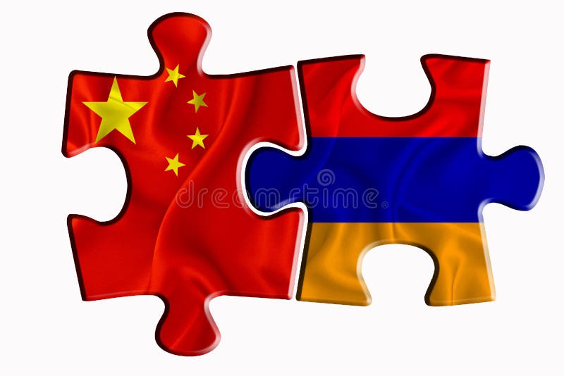 Armenia flag and China of America flag on two puzzle pieces on white isolated background. The concept of political relations. 3D rendering. Armenia flag and China of America flag on two puzzle pieces on white isolated background. The concept of political relations. 3D rendering