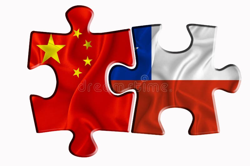 Chile flag and China of America flag on two puzzle pieces on white isolated background. The concept of political relations. 3D rendering. Chile flag and China of America flag on two puzzle pieces on white isolated background. The concept of political relations. 3D rendering