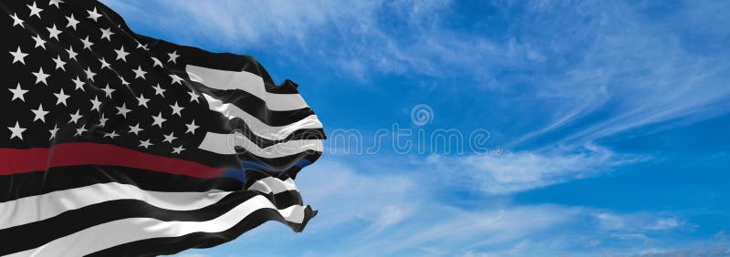 flag of Thin red and blue Line USA Flag at cloudy sky background on sunset, panoramic view. copy space for wide banner. 3d illustration. flag of Thin red and blue Line USA Flag at cloudy sky background on sunset, panoramic view. copy space for wide banner. 3d illustration