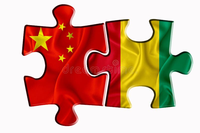 Guinea flag and China of America flag on two puzzle pieces on white isolated background. The concept of political relations. 3D rendering. Guinea flag and China of America flag on two puzzle pieces on white isolated background. The concept of political relations. 3D rendering