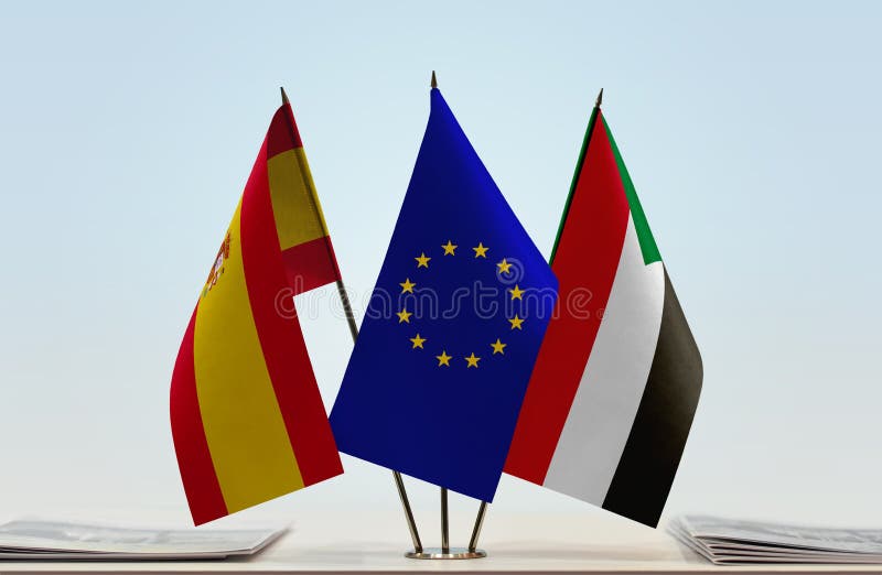 Flaga Hiszpania UE i Sudan. Desktop flaga Hiszpania i Sudan z Europejską Zrzeszeniową flaga w środku