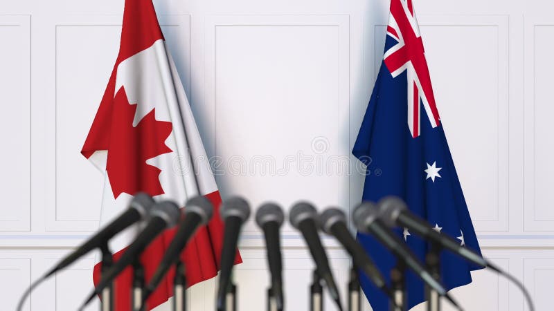Flaga Kanada i Australia przy międzynarodowym spotkaniem lub konferencją świadczenia 3 d ilustracji Flaga Kanada i Australia przy międzynarodowym spotkaniem lub konferencją świadczenia 3 d ilustracji