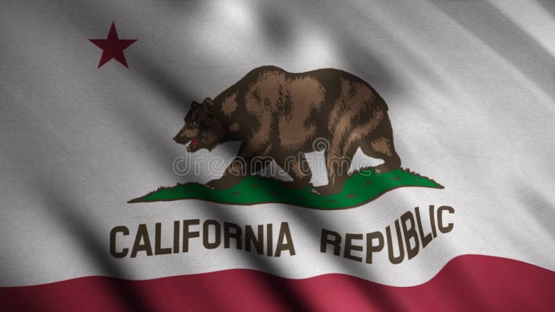 Close-up of waving flag of California Republic. Animation. Animated background with white flag waving in wind with red stripe and picture of bear. State in North America. Close-up of waving flag of California Republic. Animation. Animated background with white flag waving in wind with red stripe and picture of bear. State in North America.