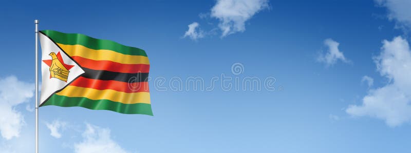 Flaga zimbabwe odizolowana na błękitnym niebie. baner poziomy obrazy stock