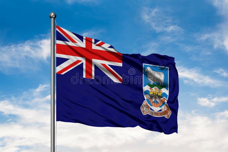Flagga av Falkland Islands som vinkar i vinden mot vit molnig blå himmel arkivbild Flagga av Falkland Islands som vinkar i vinden mot vit molnig blå himmel arkivbild