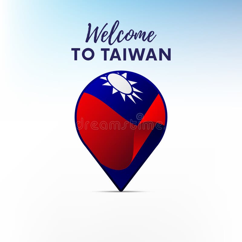 Flagga av Taiwan i form av den översiktspekaren eller markören Välkomnande till Taiwan också vektor för coreldrawillustration stock illustrationer