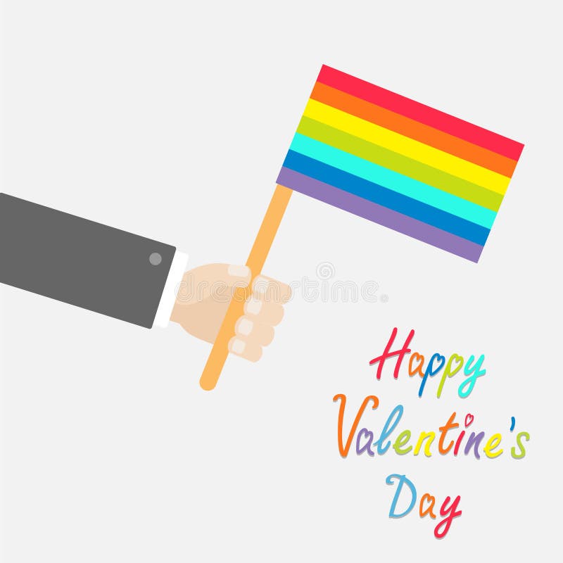 Businessman hand holding rainbow gay pride flag. Flat design style Happy Valentines day card Vector illustration. Businessman hand holding rainbow gay pride flag. Flat design style Happy Valentines day card Vector illustration