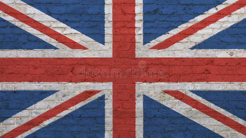 Old grunge vintage UK Great Britain national flag graffiti over background of white brick wall. Old grunge vintage UK Great Britain national flag graffiti over background of white brick wall