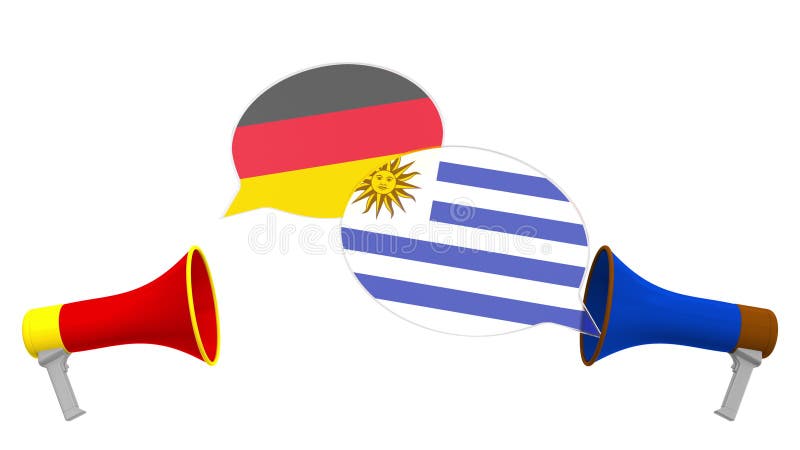 Flaggen Uruguays und Deutschlands zu Sprechblasen mit Lautsprechern Interkultureller Dialog oder internationale Gespräche