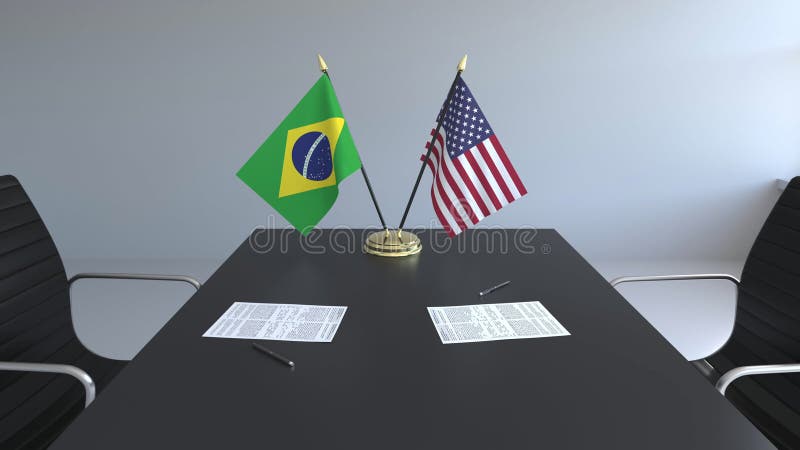 Flaggen von Brasilien und Vereinigten Staaten und Papiere auf dem Tisch Verhandlungen und Unterzeichnen eines internationalen Abk vektor abbildung Flaggen von Brasilien und Vereinigten Staaten und Papiere auf dem Tisch Verhandlungen und Unterzeichnen eines internationalen Abk vektor abbildung