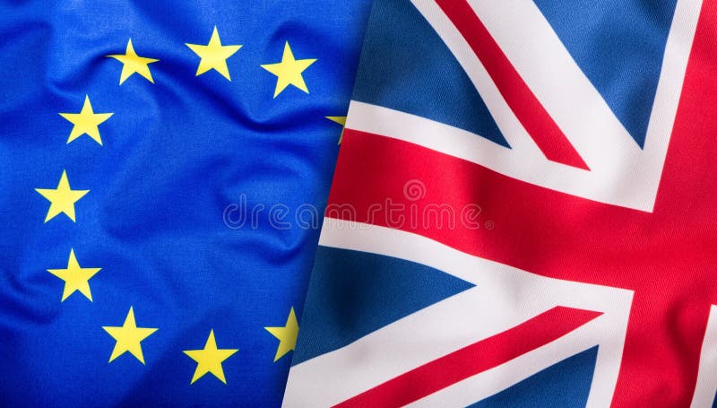 Flags of the United Kingdom and the European Union. UK Flag and EU Flag. British Union Jack flag. Flags of the United Kingdom and the European Union. UK Flag and EU Flag. British Union Jack flag.