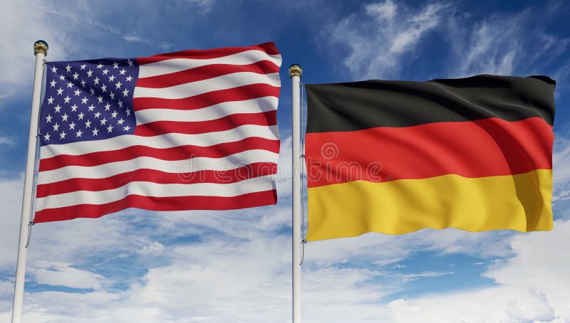 American and German flags over blue sky. Concept of diplomacy, agreement, international relations, trading, business between USA and Germany. 3D rendering. American and German flags over blue sky. Concept of diplomacy, agreement, international relations, trading, business between USA and Germany. 3D rendering.