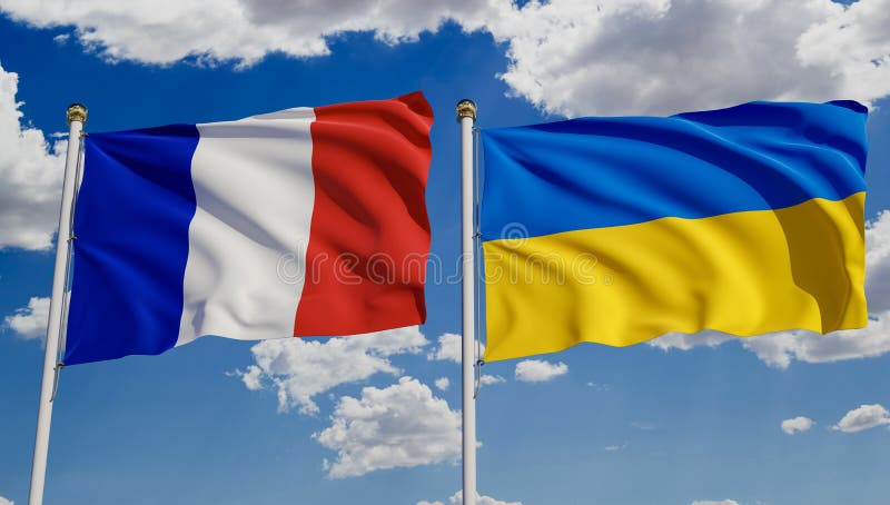 French and Ukrainian flags over blue sky. Concept of diplomacy, agreement, international relations, trading, business between France and Ukraine. 3D rendering. French and Ukrainian flags over blue sky. Concept of diplomacy, agreement, international relations, trading, business between France and Ukraine. 3D rendering