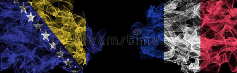 Flags of Bosnia and Herzegovina and France on Black background, Bosnia and Herzegovina vs France Smoke Flags. Flag on Black background stock image Flags of Bosnia and Herzegovina and France on Black background, Bosnia and Herzegovina vs France Smoke Flags. Flag on Black background stock image