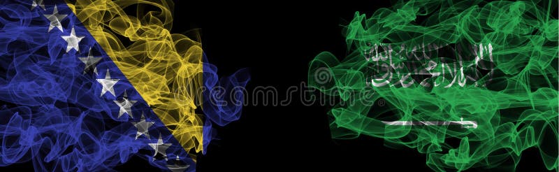 Flags of Bosnia and Herzegovina and Saudi Arabia on Black background, Bosnia and Herzegovina vs Saudi Arabia Smoke Flags. Flag on Black background Flag on Black royalty free stock photo Flags of Bosnia and Herzegovina and Saudi Arabia on Black background, Bosnia and Herzegovina vs Saudi Arabia Smoke Flags. Flag on Black background Flag on Black royalty free stock photo