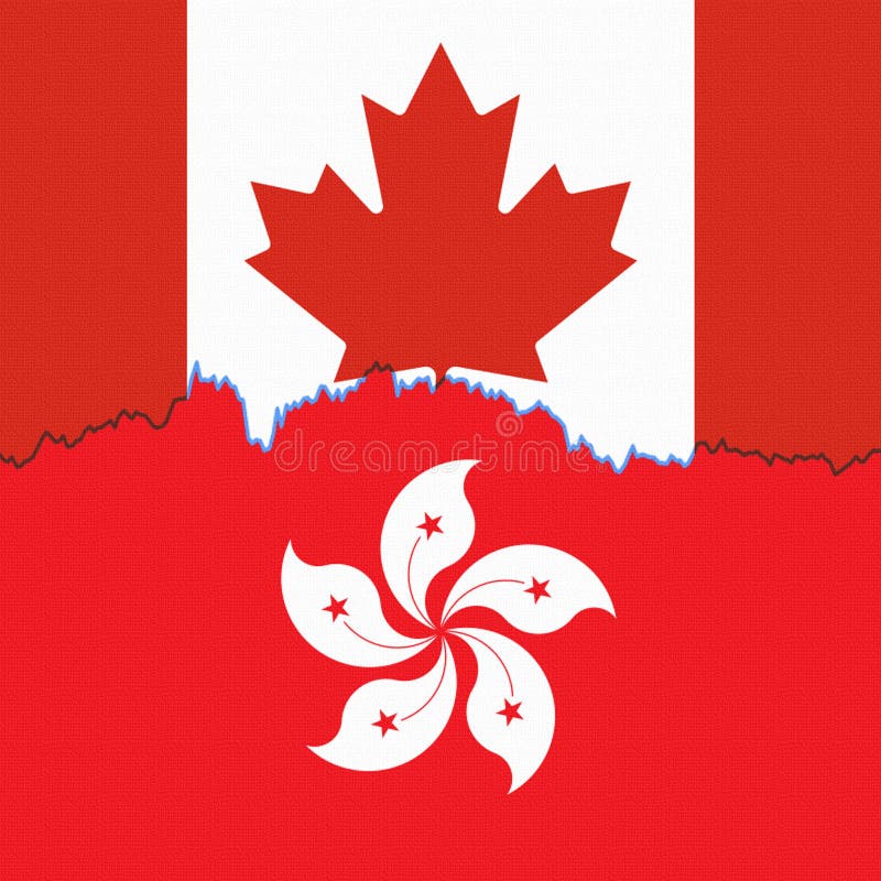 The Flags of Canada and Hong Kong Separated by a Line Chart. Stock