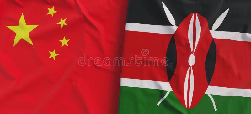 Flags of China and Kenya. Linen flag close-up. Flag made of canvas. Chinese, Beijing. Nairobi State national symbols. 3d royalty free illustration
