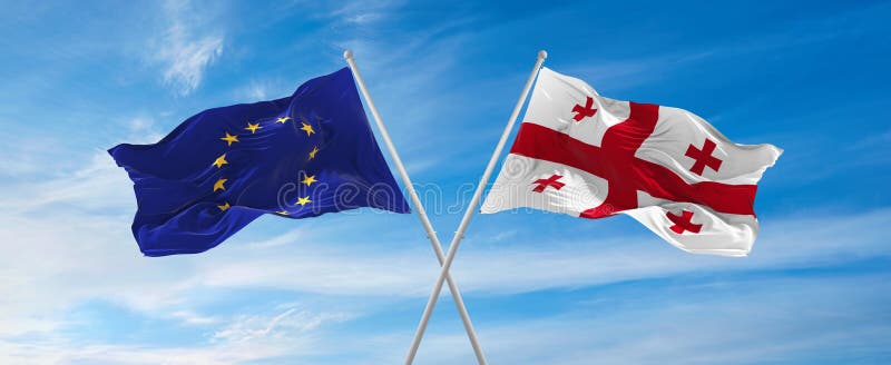 flags-of-european-union-and-georgia-on-flag-stand-meeting-between-two