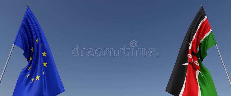 Flags of the European Union and Kenya on flagpoles on sides. Flags on a blue background. Flags flutter in the wind. EU. Nairobi. stock illustration
