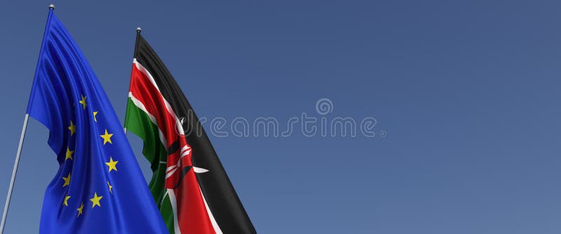 Flags of the European Union and Kenya on flagpoles on sides. Flags on a blue background. Place for text. EU. Nairobi. 3d royalty free illustration