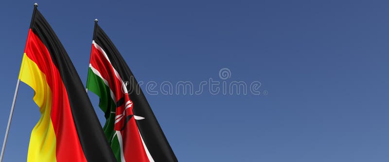 Flags of Germany and Kenya on flagpoles on side. Flags on a blue background. Place for text. German, Berlin. Nairobi. 3D royalty free illustration
