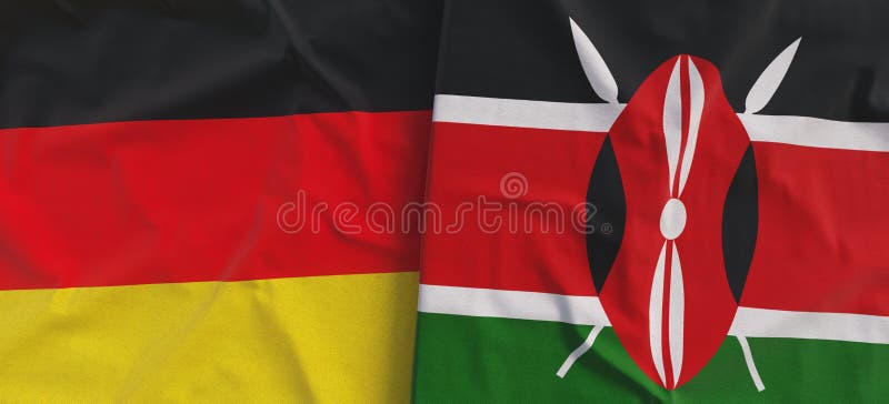 Flags of Germany and Kenya. Linen flag close-up. Flag made of canvas. German, Berlin. Nairobi State national symbols. 3d royalty free illustration