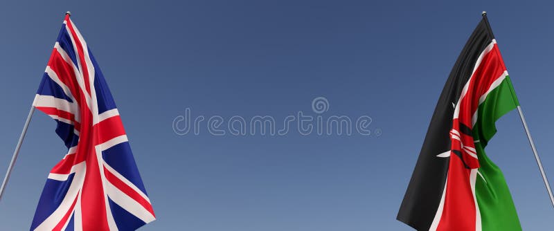Flags of Great Britain and Kenya on flagpoles on sides. Flags on blue background. Place for text. England, London. The United stock illustration
