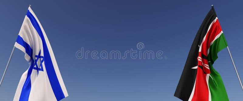 Flags of Israel and Kenya on flagpoles on sides on a blue background. Place for text. Israeli, Jerusalem. Nairobi, Africa. 3d vector illustration