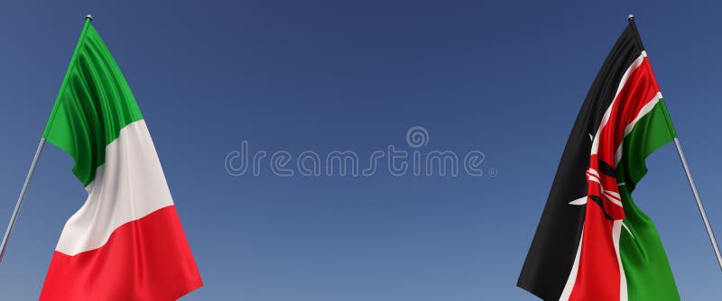 Flags of Italy and Kenya on flagpoles on sides. Flags on a blue background. Place for text. Italian, Rome. Nairobi, Africa. 3d vector illustration