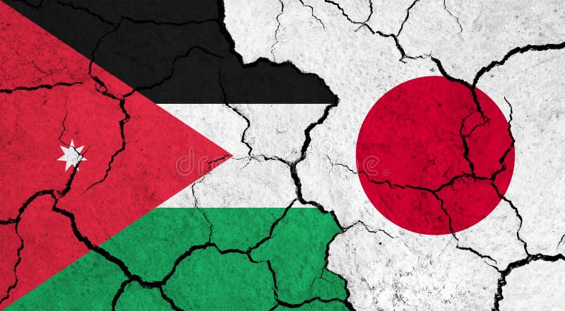 Flags of Jordan and Japan on cracked surface vector illustration